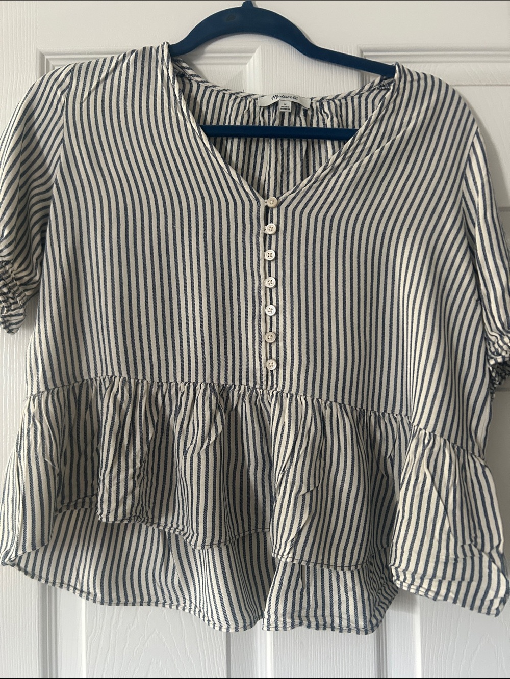 Madewell Navy & White Striped Ruffle Button-Front Blouse